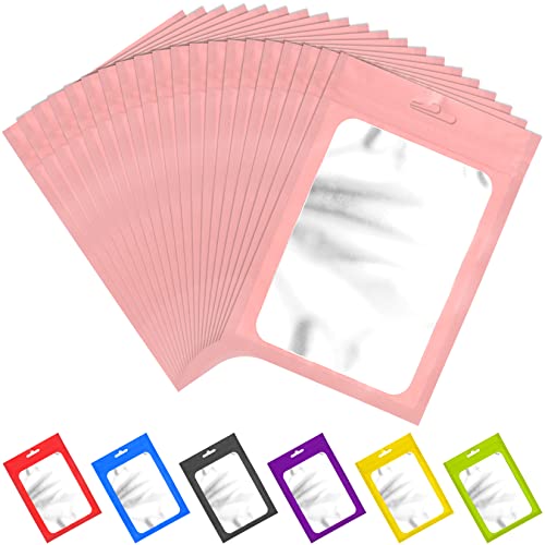 100 Pieces Resealable Mylar Bags with Ziplock and Clear Window Bags Packaging Bags Foil Pouch Ziplock Bags for Food Self Sealing Storage Supplies (Pink, 4.72x7.1 inches)