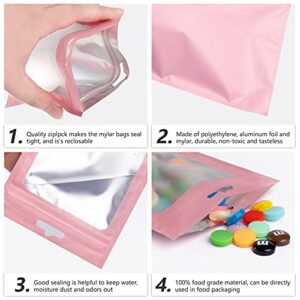 100 Pieces Resealable Mylar Bags with Ziplock and Clear Window Bags Packaging Bags Foil Pouch Ziplock Bags for Food Self Sealing Storage Supplies (Pink, 4.72x7.1 inches)