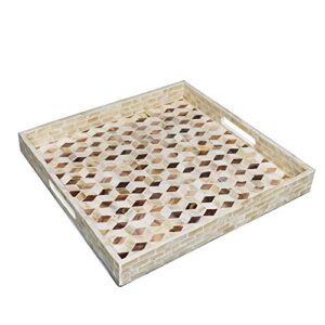 i-lan square serving trays, wooden ottoman tray with cutout handles, decor valet tray, chromatic mother of pearl inlay table tray for food, catering, catchall, kitchen s-13.7"