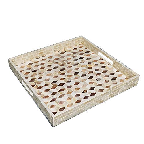 I-lan Square Serving Trays, Wooden Ottoman Tray with Cutout Handles, Decor Valet Tray, Chromatic Mother of Pearl Inlay Table Tray for Food, Catering, Catchall, Kitchen S-13.7"