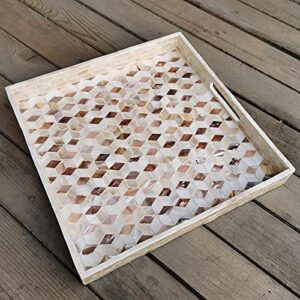 I-lan Square Serving Trays, Wooden Ottoman Tray with Cutout Handles, Decor Valet Tray, Chromatic Mother of Pearl Inlay Table Tray for Food, Catering, Catchall, Kitchen S-13.7"