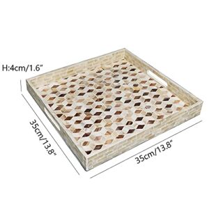 I-lan Square Serving Trays, Wooden Ottoman Tray with Cutout Handles, Decor Valet Tray, Chromatic Mother of Pearl Inlay Table Tray for Food, Catering, Catchall, Kitchen S-13.7"