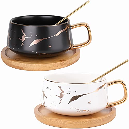 Peohud 2 Pack Ceramic Tea Coffee Cup, 10 OZ Coffee Mug with 304 Stainless Steel Spoon and Bamboo Saucer, Marble Espresso Cups for Latte, Cappuccino, Americano, White and Black