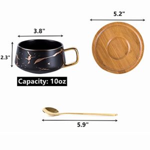 Peohud 2 Pack Ceramic Tea Coffee Cup, 10 OZ Coffee Mug with 304 Stainless Steel Spoon and Bamboo Saucer, Marble Espresso Cups for Latte, Cappuccino, Americano, White and Black