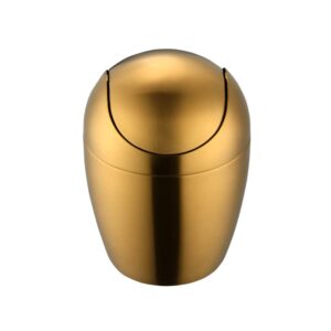 buyer star mini desktop trash can with swing lid, 18/10 stainless steel desktop garbage can counter top egg shaped metal waste bin (gold, 0.4 gallon)