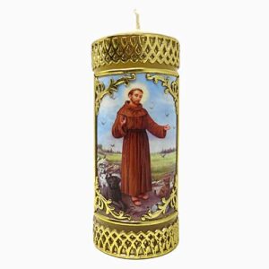 hand crafted saint francis of assisi catholic prayer candle, unscented decorative candles for devotional, religious gifts for christian men and women, 4.75 inches