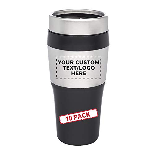 Personalized 16 oz. Insulated Plastic Travel Mugs - 10 Pack - Custom Text, Logo - Stainless Steel