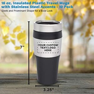 Personalized 16 oz. Insulated Plastic Travel Mugs - 10 Pack - Custom Text, Logo - Stainless Steel