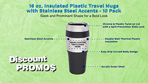 Personalized 16 oz. Insulated Plastic Travel Mugs - 10 Pack - Custom Text, Logo - Stainless Steel