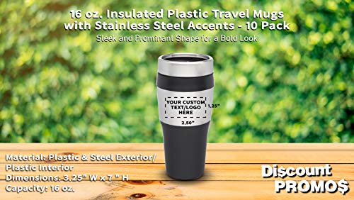 Personalized 16 oz. Insulated Plastic Travel Mugs - 10 Pack - Custom Text, Logo - Stainless Steel