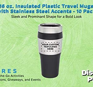 Personalized 16 oz. Insulated Plastic Travel Mugs - 10 Pack - Custom Text, Logo - Stainless Steel