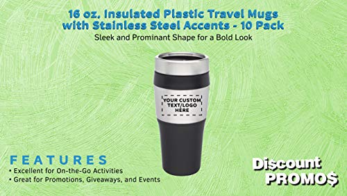 Personalized 16 oz. Insulated Plastic Travel Mugs - 10 Pack - Custom Text, Logo - Stainless Steel