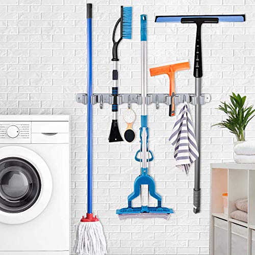 Saxhorn Broom Holder Wall Mount, Mop Holder Organizer Wall Mounted Broom Hanger for Home, Kitchen, Garden, Garage, Laundry Room Organization and Storage(5 Racks 4 Hooks)