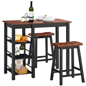 PETSITE 3 Piece Bar Table Set, Counter Height Kitchen Dining Room Table with Stools and Storage Shelves, Small Breakfast Coffee Pub Table and Chairs Set of 2