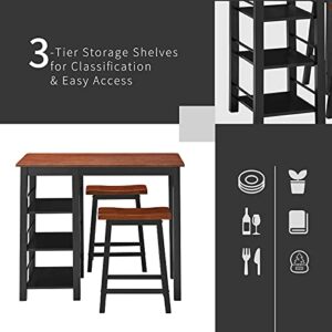 PETSITE 3 Piece Bar Table Set, Counter Height Kitchen Dining Room Table with Stools and Storage Shelves, Small Breakfast Coffee Pub Table and Chairs Set of 2