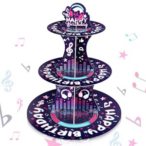 3 tier cardboard cupcake stand dessert tower round paper cake holder stand for birthday video game music themed party decorations supplies, purple