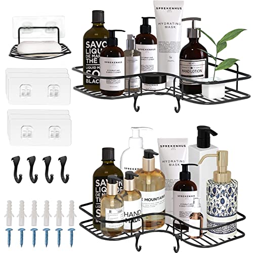 ADORAMOUR Corner Shower Caddy Set -2 Pack Bathroom Organizer with Soap Dish, Adhesive Storage Rack for Toiletries, Shower Shelf Drill-Free or Drilling Install Options Shampoo Holder, Black