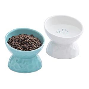 ceramic raised cat bowls, tilted elevated cat food and water bowls set, porcelain stress free pet feeder bowl dish for cats and small dogs, dishwasher and microwave safe, white & green, set of 2