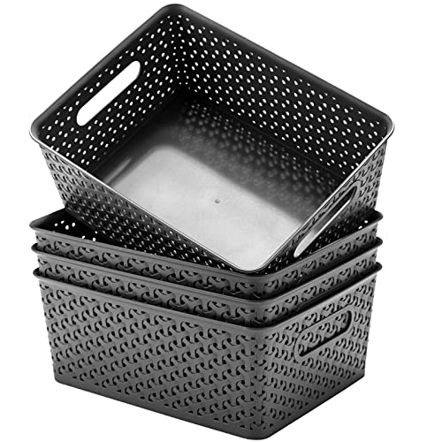 Aebeky Plastic Storage Basket,Medium Weave Basket Organizer,4-Pack (Grey)