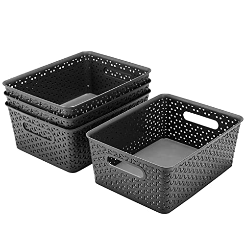 Aebeky Plastic Storage Basket,Medium Weave Basket Organizer,4-Pack (Grey)