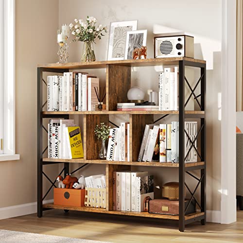 YITAHOME 4 Tier Bookshelf, Free Standing Cube Bookcases and Bookshelves, Industrial Furniture Wide Bookshelf Display Cabinet Open Storage Book Shelf for Living Room Bedroom Home Office, Rustic Brown