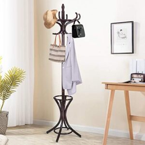 GOFLAME 73" Coat Rack Freestanding, Wooden Coat Tree with 12 Hooks and Umbrella Stand, Entryway Hall Tree, Hat Hanger Organizer, Coat Rack Stand for Coats, Hats, Scarves, Bags, Easy Assembly, Brown