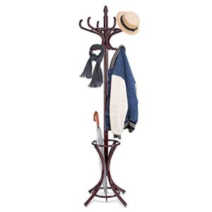 goflame 73" coat rack freestanding, wooden coat tree with 12 hooks and umbrella stand, entryway hall tree, hat hanger organizer, coat rack stand for coats, hats, scarves, bags, easy assembly, brown