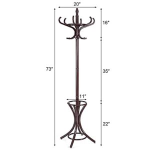 GOFLAME 73" Coat Rack Freestanding, Wooden Coat Tree with 12 Hooks and Umbrella Stand, Entryway Hall Tree, Hat Hanger Organizer, Coat Rack Stand for Coats, Hats, Scarves, Bags, Easy Assembly, Brown