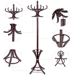 GOFLAME 73" Coat Rack Freestanding, Wooden Coat Tree with 12 Hooks and Umbrella Stand, Entryway Hall Tree, Hat Hanger Organizer, Coat Rack Stand for Coats, Hats, Scarves, Bags, Easy Assembly, Brown