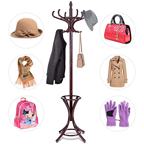 GOFLAME 73" Coat Rack Freestanding, Wooden Coat Tree with 12 Hooks and Umbrella Stand, Entryway Hall Tree, Hat Hanger Organizer, Coat Rack Stand for Coats, Hats, Scarves, Bags, Easy Assembly, Brown