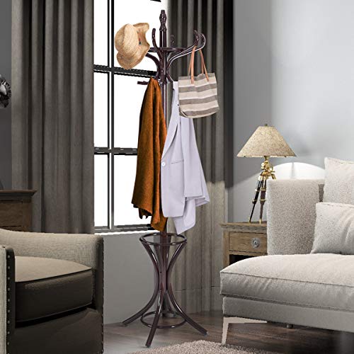 GOFLAME 73" Coat Rack Freestanding, Wooden Coat Tree with 12 Hooks and Umbrella Stand, Entryway Hall Tree, Hat Hanger Organizer, Coat Rack Stand for Coats, Hats, Scarves, Bags, Easy Assembly, Brown