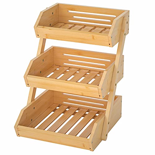 G.a HOMEFAVOR Bamboo Fruit Basket, 3 Tier Fruit Holder for Kitchen Countertop, Fruit Organizer for Kitchen Counter, Vegetable Storage Stand, 15 mm Thickness (Self-assembly)