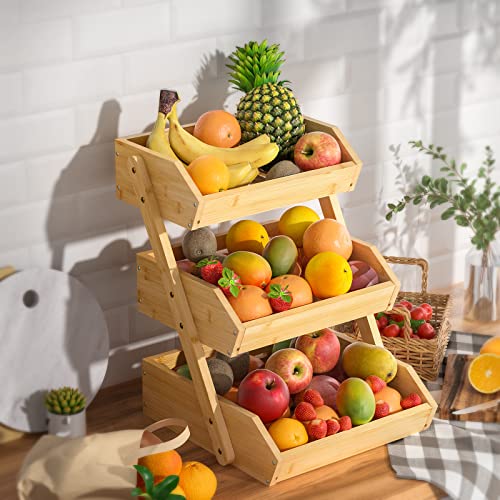 G.a HOMEFAVOR Bamboo Fruit Basket, 3 Tier Fruit Holder for Kitchen Countertop, Fruit Organizer for Kitchen Counter, Vegetable Storage Stand, 15 mm Thickness (Self-assembly)