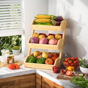 G.a HOMEFAVOR Bamboo Fruit Basket, 3 Tier Fruit Holder for Kitchen Countertop, Fruit Organizer for Kitchen Counter, Vegetable Storage Stand, 15 mm Thickness (Self-assembly)