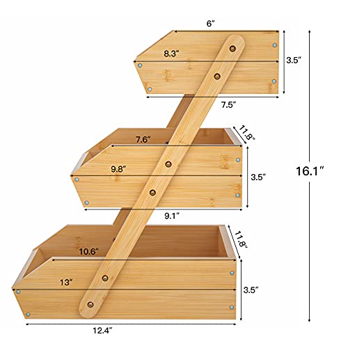 G.a HOMEFAVOR Bamboo Fruit Basket, 3 Tier Fruit Holder for Kitchen Countertop, Fruit Organizer for Kitchen Counter, Vegetable Storage Stand, 15 mm Thickness (Self-assembly)