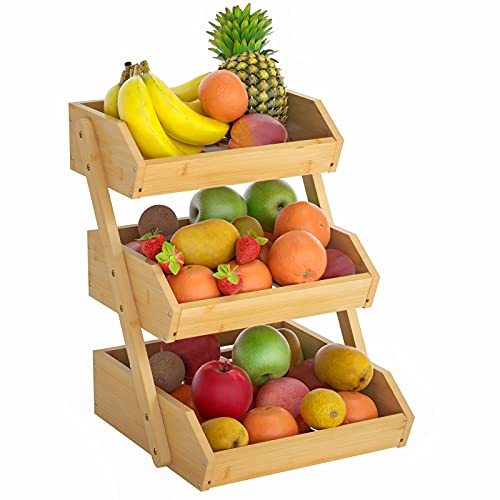 G.a HOMEFAVOR Bamboo Fruit Basket, 3 Tier Fruit Holder for Kitchen Countertop, Fruit Organizer for Kitchen Counter, Vegetable Storage Stand, 15 mm Thickness (Self-assembly)