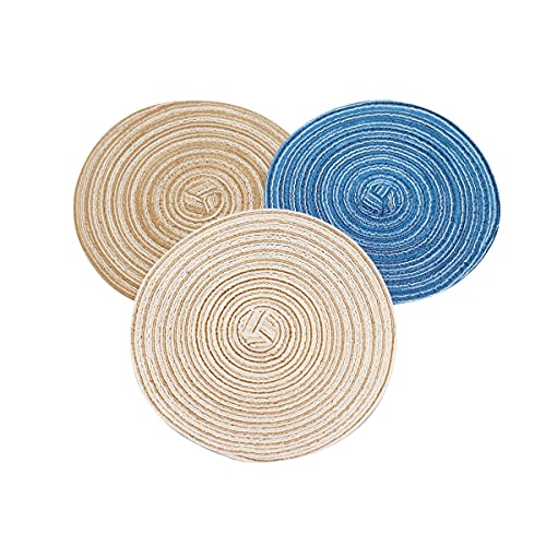 Bbiamsleep 3 Pcs 7.7 Inch Diameter 1:6 Dollhouse Braided Indoor Area Rug Hand Woven Area Carpet Round Beige Wheat Blue Rugs Natural Rustic Vintage Braided Durable Rug Eco Friendly