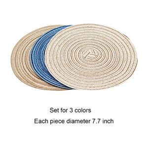 Bbiamsleep 3 Pcs 7.7 Inch Diameter 1:6 Dollhouse Braided Indoor Area Rug Hand Woven Area Carpet Round Beige Wheat Blue Rugs Natural Rustic Vintage Braided Durable Rug Eco Friendly