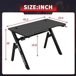 Gaming Desk Computer Desk 45.2"x 23.4" Home Office Desk Extra Large Modern Ergonomic Black PC Carbon Fiber Table Gamer Workstation with Cup Holder Headphone Hook