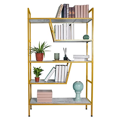 SIMFLAG 5-Tier Bookshelf Adjustable Bookcase with Retro Wood and Metal, Modern Tall Bookshelf for Bedroom, Display Gold Bookshleves for Home, Office, Living Room, Study Room