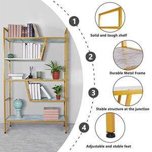 SIMFLAG 5-Tier Bookshelf Adjustable Bookcase with Retro Wood and Metal, Modern Tall Bookshelf for Bedroom, Display Gold Bookshleves for Home, Office, Living Room, Study Room