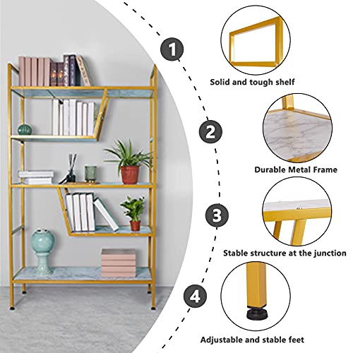 SIMFLAG 5-Tier Bookshelf Adjustable Bookcase with Retro Wood and Metal, Modern Tall Bookshelf for Bedroom, Display Gold Bookshleves for Home, Office, Living Room, Study Room