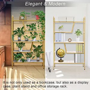 SIMFLAG 5-Tier Bookshelf Adjustable Bookcase with Retro Wood and Metal, Modern Tall Bookshelf for Bedroom, Display Gold Bookshleves for Home, Office, Living Room, Study Room