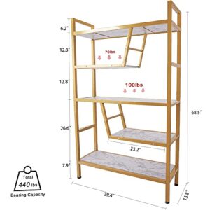 SIMFLAG 5-Tier Bookshelf Adjustable Bookcase with Retro Wood and Metal, Modern Tall Bookshelf for Bedroom, Display Gold Bookshleves for Home, Office, Living Room, Study Room