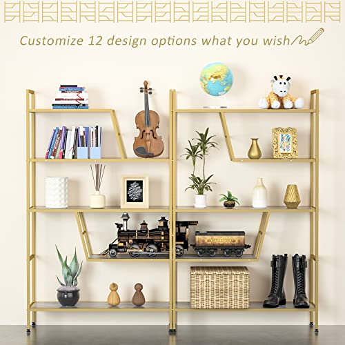 SIMFLAG 5-Tier Bookshelf Adjustable Bookcase with Retro Wood and Metal, Modern Tall Bookshelf for Bedroom, Display Gold Bookshleves for Home, Office, Living Room, Study Room