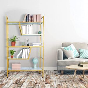 SIMFLAG 5-Tier Bookshelf Adjustable Bookcase with Retro Wood and Metal, Modern Tall Bookshelf for Bedroom, Display Gold Bookshleves for Home, Office, Living Room, Study Room