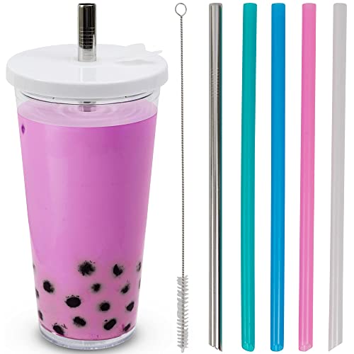 Planet Boba 24 oz Reusable Boba Cup w 5 Bonus Straws | Smoothie Cup with Straw | Leakproof Bubble Tea Cup | Lids and Straw | Boba Cup Reusable | Insulated Boba Tumbler | Boba Tea Cup, White