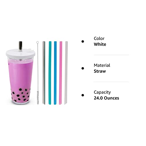 Planet Boba 24 oz Reusable Boba Cup w 5 Bonus Straws | Smoothie Cup with Straw | Leakproof Bubble Tea Cup | Lids and Straw | Boba Cup Reusable | Insulated Boba Tumbler | Boba Tea Cup, White