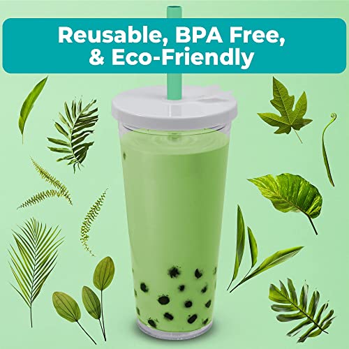 Planet Boba 24 oz Reusable Boba Cup w 5 Bonus Straws | Smoothie Cup with Straw | Leakproof Bubble Tea Cup | Lids and Straw | Boba Cup Reusable | Insulated Boba Tumbler | Boba Tea Cup, White