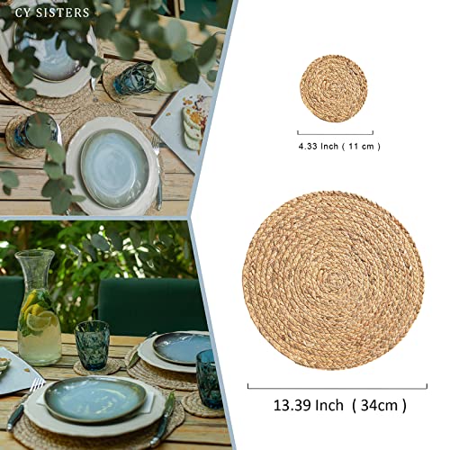 CY SISTERS Round Placemats Set of 6 Rattan Placemats Woven Placemats 13.5 Inch Natural Hyacinth Wicker Placemats Farmhouse Boho Circle Braided Heat Resistant Outdoor Placemats Patio Table Place Mats